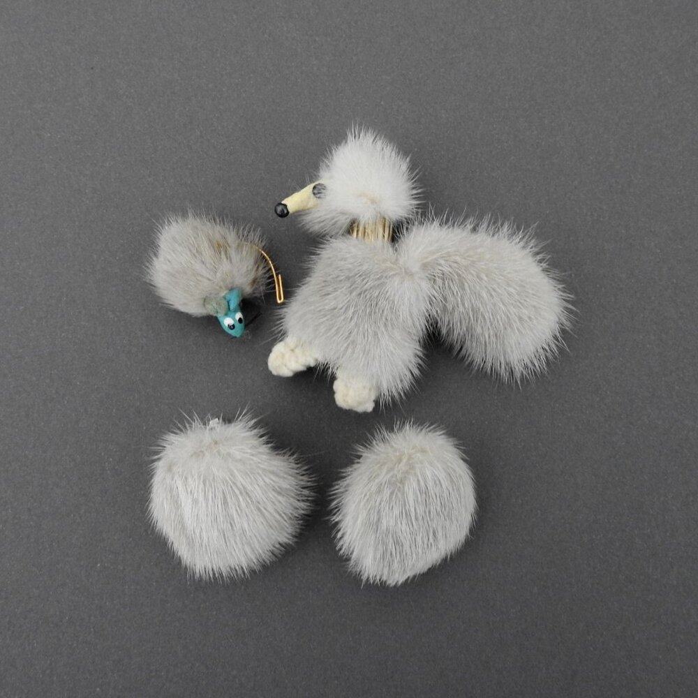 1950s Silver Mink Fur Poodle Dog and Mouse Brooches Clip-on Earrings Mini Pompom
